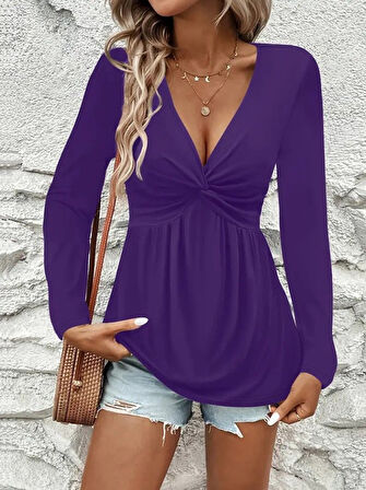 leyla sanat sanata yeni bir bakış açısı Kadın Uzun Kollu Dekolteli Sarmal Detaylı Viskon Bluz