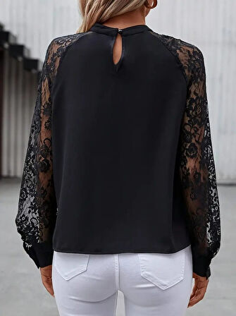 leyla sanat sanata yeni bir bakış açısı Kadın Uzun Dantel Kollu Yuvarlak Yakalı Sandy Bluz