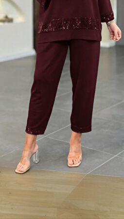 leyla sanat sanata yeni bir bakış açısı Kadın Uzun Kollu V Yakalı Pulpayet Viskon Iki Iplik Bluz Ve Pantolon Takım