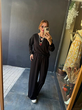 leyla sanat sanata yeni bir bakış açısı Kadın Uzun Kollu Tek Omuzdan Açık Viskon Iki Iplik Bluz Ve Pantolon Ikili Takım