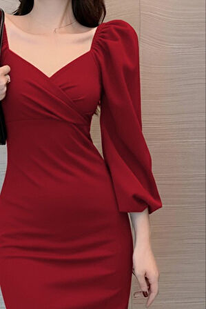 leyla sanat sanata yeni bir bakış açısı Kadın Uzun Kollu Kalp Yakalı Midi Ithal Krep Elbise