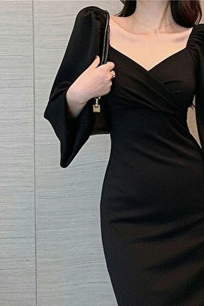 leyla sanat sanata yeni bir bakış açısı Kadın Uzun Kollu Kalp Yakalı Midi Ithal Krep Elbise