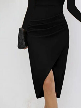 leyla sanat sanata yeni bir bakış açısı Kadın Uzun Kollu Kalp Yaka önden çapraz Detaylı Midi Ithal Krep Elbise