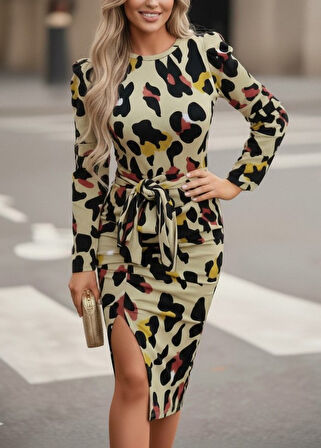 leyla sanat sanata yeni bir bakış açısı Kadın Uzun Kollu Yuvarlak Yaka Belden Kuşaklı önden Yırtmaçlı örme Krep Elbise