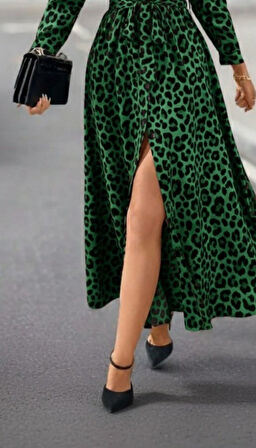 leyla sanat sanata yeni bir bakış açısı Kadın Uzun Kollu Yakalı Belden Kuşaklı Leopar Desenli Modal Uzun Elbise