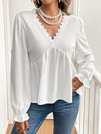 leyla sanat sanata yeni bir bakış açısı Kadın Uzun Kollu V Dantel Yaka Aerobin Bluz