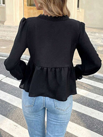 leyla sanat sanata yeni bir bakış açısı Kadın Uzun Kollu V Dantel Yaka Aerobin Bluz