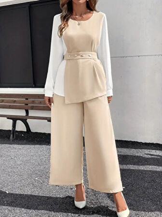 leyla sanat sanata yeni bir bakış açısı Kadın Uzun Kollu Açık Yakalı çift Renkli Kemerli Ithal Krep Ikili Takım