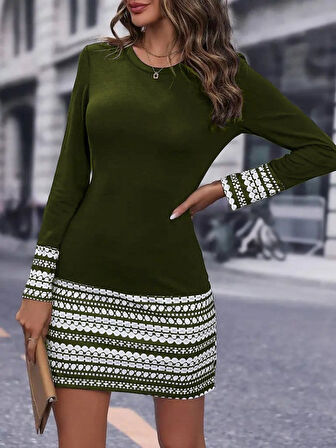 leyla sanat sanata yeni bir bakış açısı Kadın Uzun Kollu Bisiklet Yaka Kol Ağzı Ve Etek Ucu Baskılı Iki Iplik Elbise