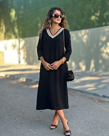 leyla sanat sanata yeni bir bakış açısı Kadın Uzun Kollu V şerit Yakalı Viskon Iki Iplik Elbise