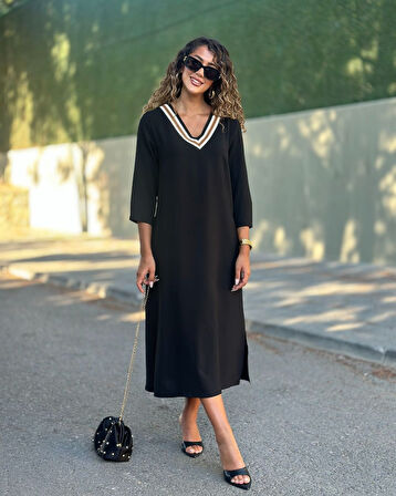 leyla sanat sanata yeni bir bakış açısı Kadın Uzun Kollu V şerit Yakalı Viskon Iki Iplik Elbise