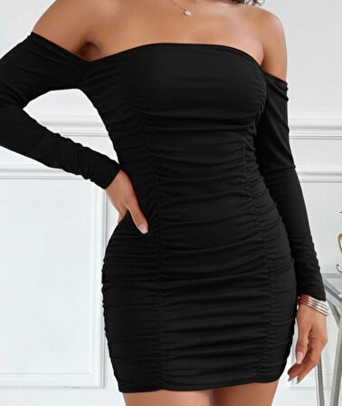 leyla sanat sanata yeni bir bakış açısı Kadın Uzun Kollu Omuzlardan Açık Takma Kollu Büzgülü Sandy Kısa Elbise