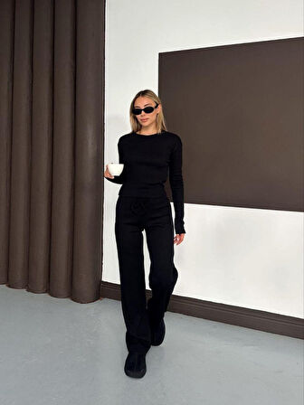 leyla sanat sanata yeni bir bakış açısı Kadın Bisiklet Yaka Parmak Geçme Detay Uzun Kollu Bluz Ve Pantolon Ikili Takım