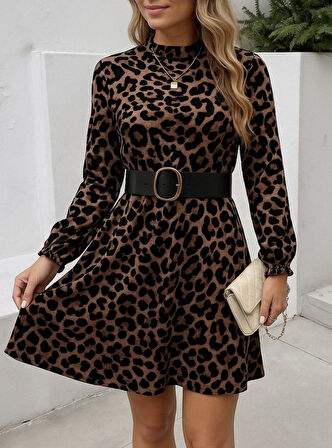 leyla sanat sanata yeni bir bakış açısı Kadın Uzun Kollu Yarı Balıkçı Yaka Leopar Desenli Kadife Elbise