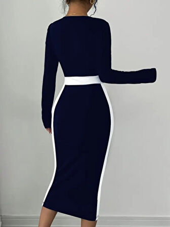 leyla sanat sanata yeni bir bakış açısı Kadın Uzun Kollu Geometrik Yaka Midi Ithal Krep Elbise