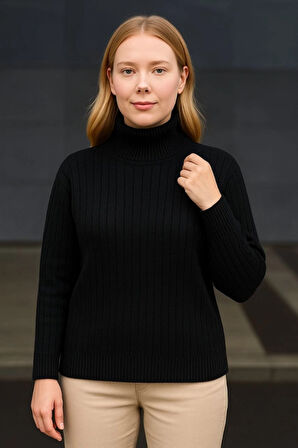 leyla sanat sanata yeni bir bakış açısı Balıkcı Yaka Bağazlı Triko Kazak Pamuklu Kalın Fitilli Dokuma - Siyah