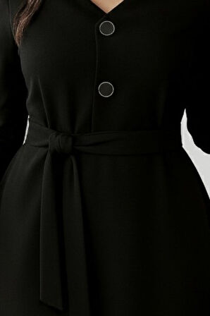 leyla sanat sanata yeni bir bakış açısı Kadın Uzun Kollu Düğme Detaylı Kendinden Kemerli Ithal Krep Elbise