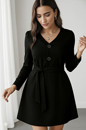 leyla sanat sanata yeni bir bakış açısı Kadın Uzun Kollu Düğme Detaylı Kendinden Kemerli Ithal Krep Elbise