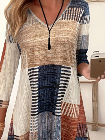 leyla sanat sanata yeni bir bakış açısı Kadın Uzun Kollu V Yaka Süprem Mini Elbise