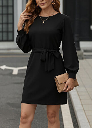 leyla sanat sanata yeni bir bakış açısı Kadın Uzun Kollu Kayık Yaka Belden Kuşaklı Kısa Ithal Krep Elbise