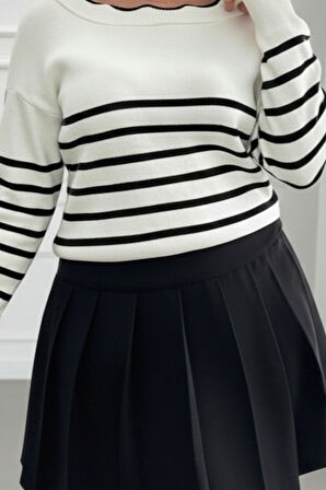 leyla sanat sanata yeni bir bakış açısı Kadın Beyaz Sırt Bağlama Detaylı çizgi Desen Triko Bluz