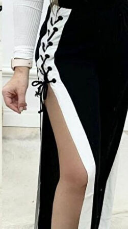 leyla sanat sanata yeni bir bakış açısı Kadın Yüksek Bel Yandan çapraz Bağcıklı Yırtmaçlı Viskon Iki Iplik Pantolon