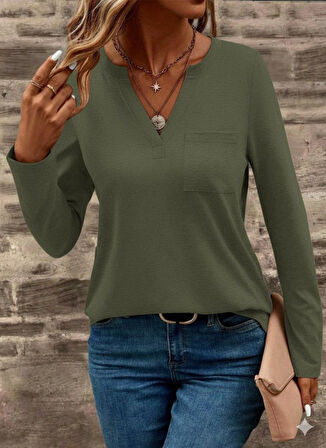 leyla sanat sanata yeni bir bakış açısı Kadın Uzun Kollu Cepli V Yakalı Viskon Iki Iplik Bluz