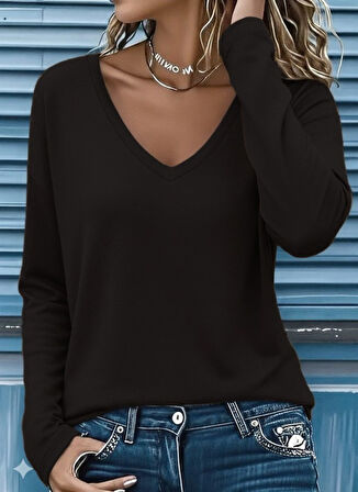 leyla sanat sanata yeni bir bakış açısı Kadın Uzun Kollu V Yakalı Viskon Iki Iplik Bluz