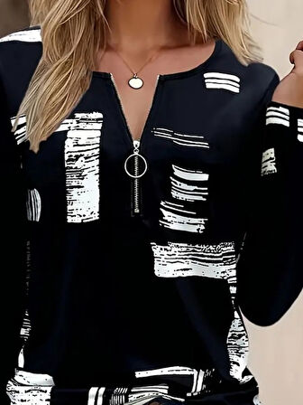 leyla sanat sanata yeni bir bakış açısı Kadın Uzun Kollu önden Fermuarlı Geometrik Desenli Süprem Bluz