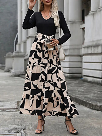 leyla sanat sanata yeni bir bakış açısı Kadın Uzun Kollu Bisiklet Yaka Uzun Elbise