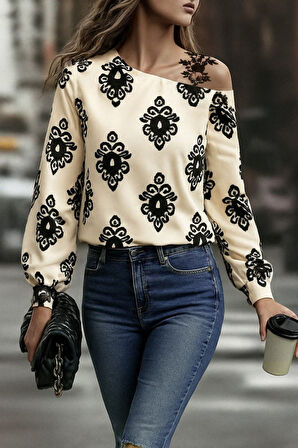 leyla sanat sanata yeni bir bakış açısı Kadın Askılı Uzun Kollu Omuzlardan Açık Desenli Mosskrep Bluz