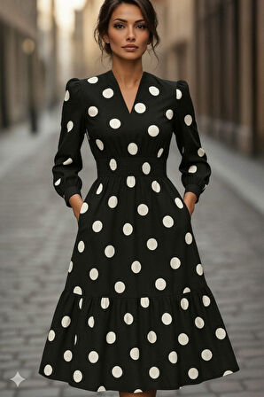 leyla sanat sanata yeni bir bakış açısı Kadın Uzun Kollu V Yakalı Beli Lastikli Puantiyeli Uzun Krep Elbise