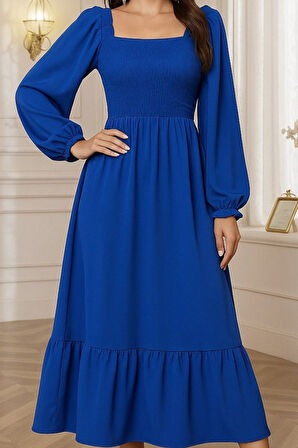 leyla sanat sanata yeni bir bakış açısı Kadın Uzun Kollu Kare Yakalı Gipeli Uzun Trikoton Elbise