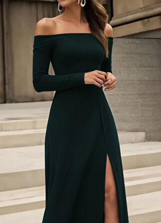 leyla sanat sanata yeni bir bakış açısı Kadın Uzun Kollu Madonna Yakalı Yırtmaç Detaylı Uzun Ithal Krep Elbise