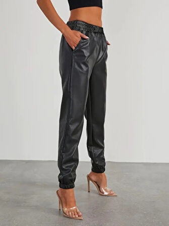 leyla sanat sanata yeni bir bakış açısı Kadın Yüksek Bel Lastikli önü Düğmeli Deri Pantolon