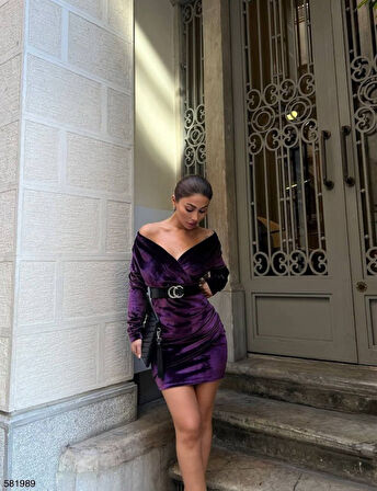 leyla sanat sanata yeni bir bakış açısı Kadın Uzun Kollu Kruvaze Yaka Omuz Dekolteli Kemer Dahil Mini Kadife Elbise