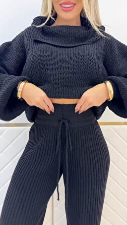 leyla sanat sanata yeni bir bakış açısı Kadın Uzun Kollu Balıkçı Yaka Kısa Triko Bluz Ve Pantolon Ikili Takım