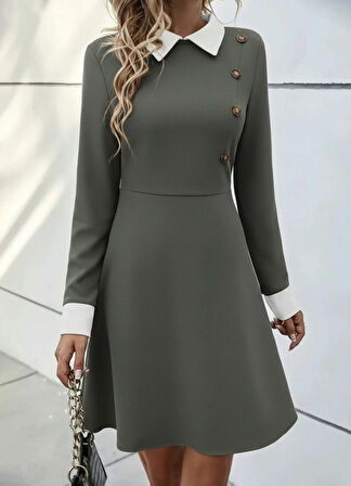 leyla sanat sanata yeni bir bakış açısı Kadın Uzun Kollu Yakalı Düğmeli çağla Yeşili Modal Mini Elbise