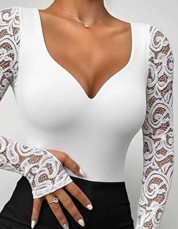 leyla sanat sanata yeni bir bakış açısı Kadın Uzun Kollu Dantelli Dekolte Detaylı Dalgıç Bluz