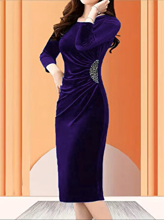 leyla sanat sanata yeni bir bakış açısı Kadın Uzun Kollu Bot Yaka Yanı Taş Detaylı Midi Kadife Elbise