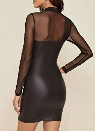 leyla sanat sanata yeni bir bakış açısı Kadın Uzun Kollu Balıkçı Yaka Tül Detaylı Mini Deri Elbise