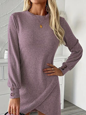 leyla sanat sanata yeni bir bakış açısı Kadın Uzun Kollu Bisiklet Yaka önden Asimetrik Kesim Detaylı Mini Yumoş Elbise