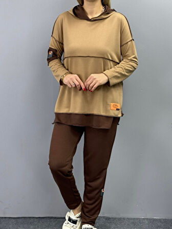 leyla sanat sanata yeni bir bakış açısı Kadın Kahve Kapşonlu Etek Ucu Detay Arma Ters Dikiş Gorunumlu Ikili Takım