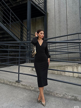 leyla sanat sanata yeni bir bakış açısı Kadın Uzun Kollu Kruvaze Yaka Büzgü Ve Balon Kol Detay Krep Kumaş Maxi Boy Elbise