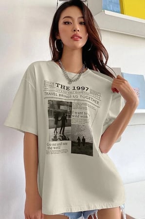Kadın Bej The 1997 Baskılı Oversize T-shirt