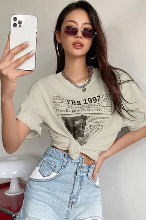 Kadın Bej The 1997 Baskılı Oversize T-shirt