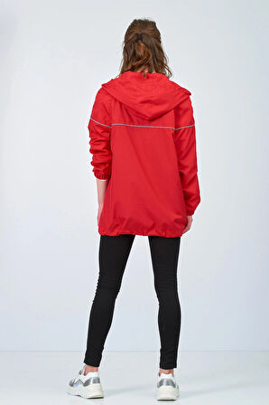 Kadın Kırmızı Fermuarlı Yağmurluk