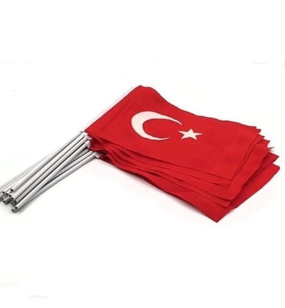 Premium 23 Nisan Türk Bayrağı - 50 Adet Toptan Paket Alpaka Kumaş Plastik Saplı 20x30cm