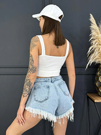 Kadın Yüksek Bel Püsküllü Denim Kot Şort Mavi