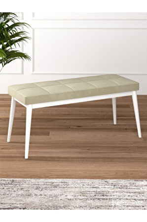 Tina Baby Face Modern Beyaz Metal Ayak Bench Oturak 90x40, Ayakkabılık Bank, Yatak Ucu Puf